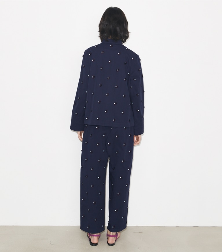 Tory Burch designer coverups Embellished Cotton Pant in Medium Navy on model back