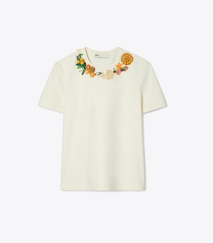 Tory Burch designer tops Embellished Cotton T-Shirt in NEW IVORY front
