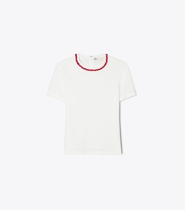 Tory Burch designer tops Embellished Cotton T-Shirt in Snow White / Bright Red front