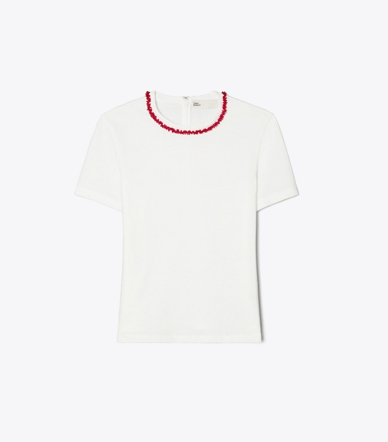 Tory Burch designer tops Embellished Cotton T-Shirt in Snow White / Bright Red front