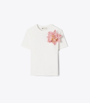 Tory Burch designer tops Embellished Cotton T-Shirt in Snow White / Light Pink front