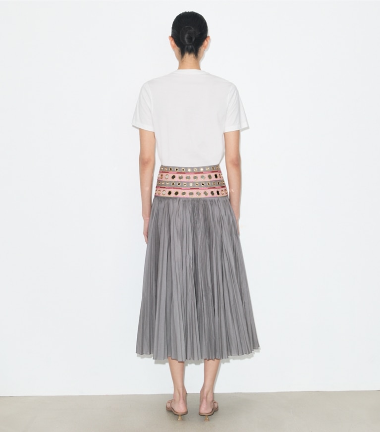 Tory Burch designer tops Embellished Cotton T-Shirt in Snow White / Light Pink on model back