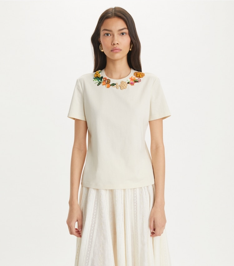 Tory Burch designer tops Embellished Cotton T-Shirt in NEW IVORY on model detail