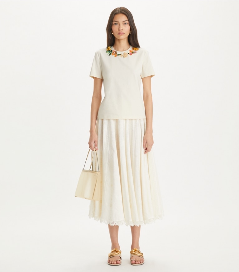 Tory Burch designer tops Embellished Cotton T-Shirt in NEW IVORY front