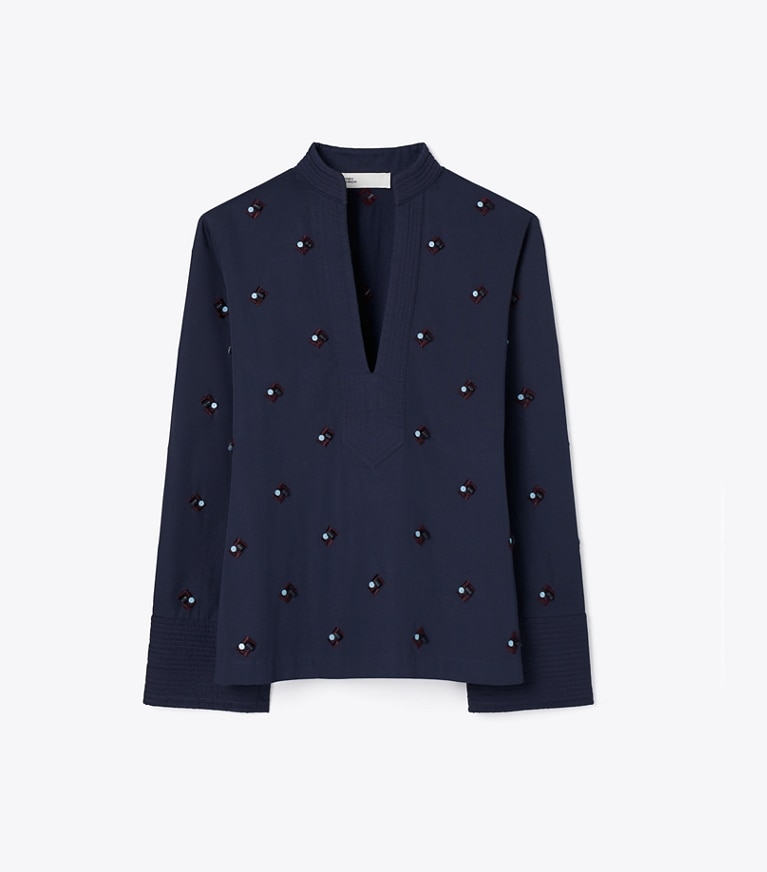 Tory Burch designer coverups Embellished Cotton Top in Medium Navy front
