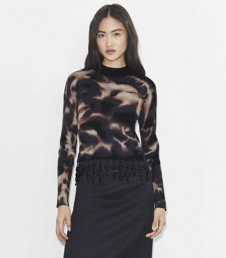 Tory Burch designer sweaters Embellished Cotton Top in Black / Brown on model detail