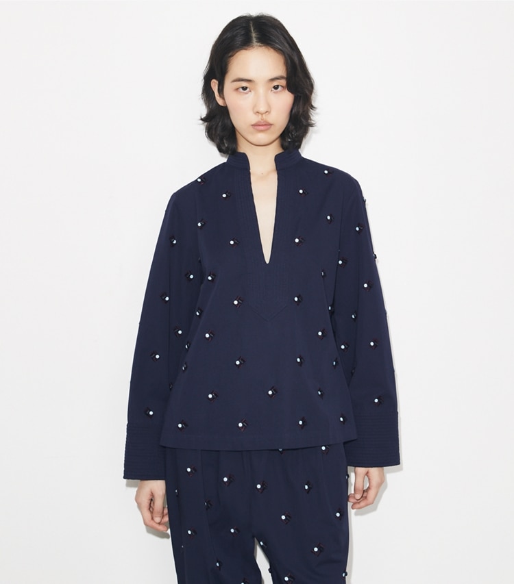 Tory Burch designer coverups Embellished Cotton Tory Tunic in Medium Navy on model detail