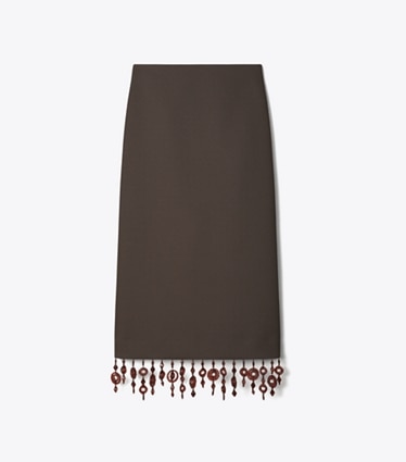 Tory Burch designer bottoms Embellished Crepe Skirt in Dark Mocha front