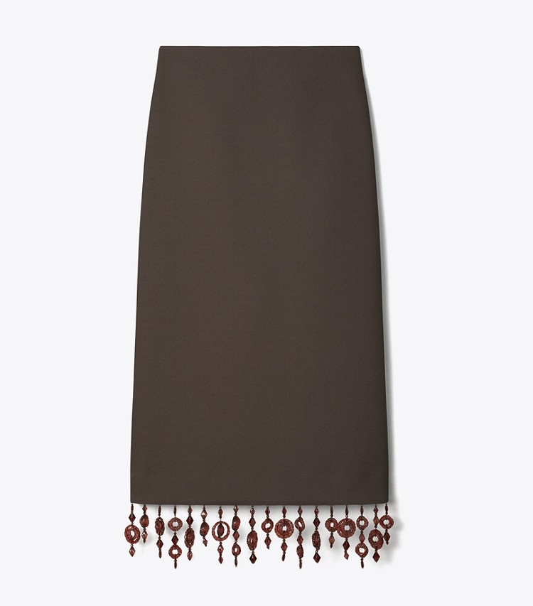 Tory Burch designer bottoms Embellished Crepe Skirt in Dark Mocha front