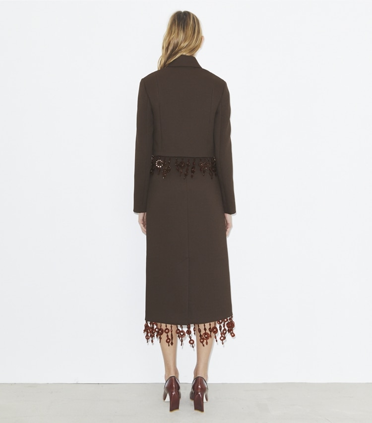 Tory Burch designer bottoms Embellished Crepe Skirt in Dark Mocha on model back