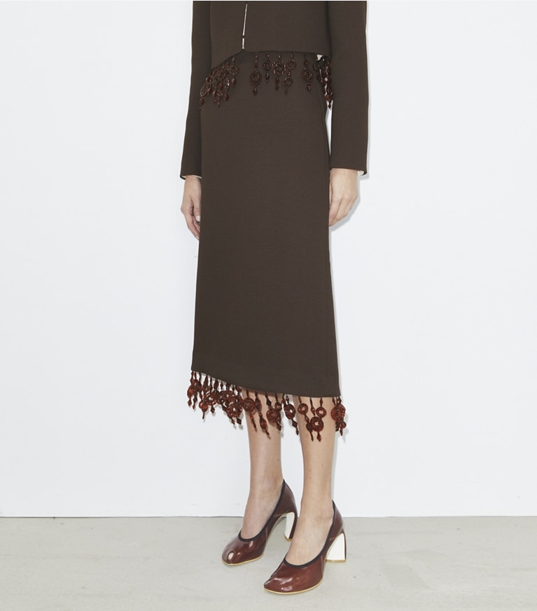 Tory Burch designer bottoms Embellished Crepe Skirt in Dark Mocha front