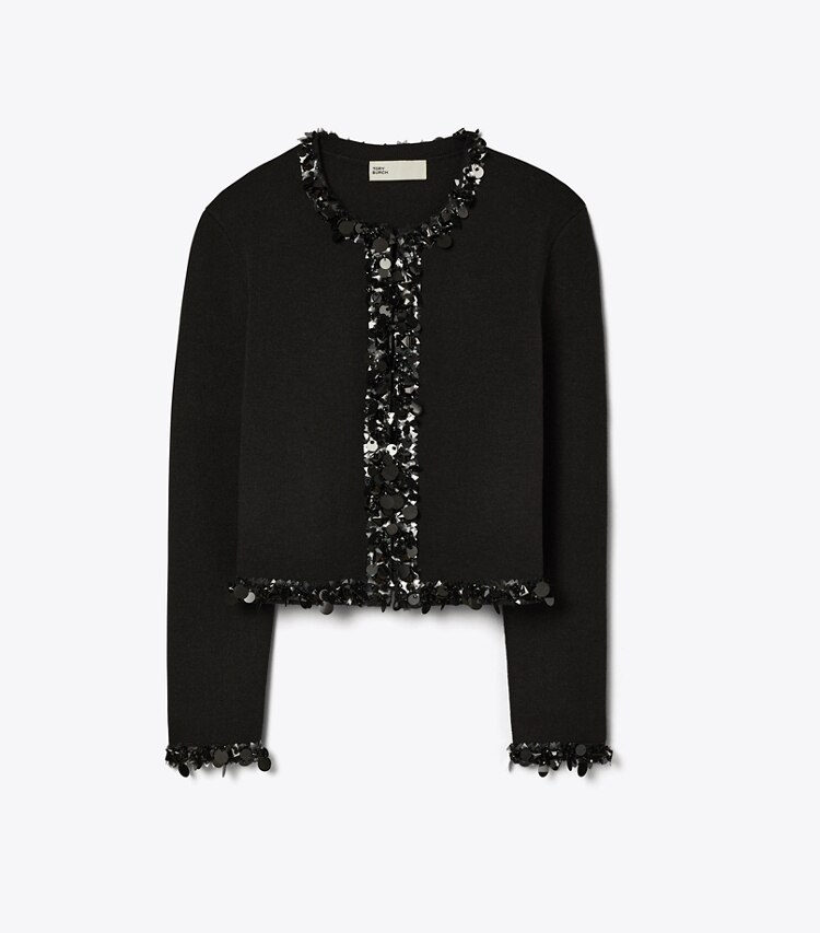 Tory Burch designer sweaters Embellished Cropped Cardigan in Black front
