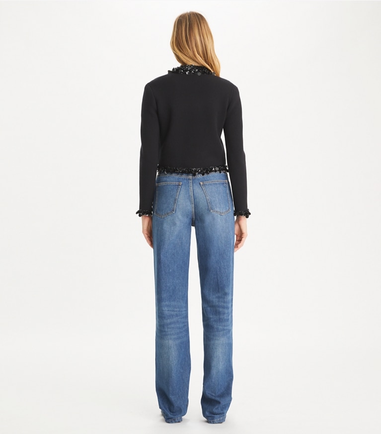 Tory Burch designer sweaters Embellished Cropped Cardigan in Black front