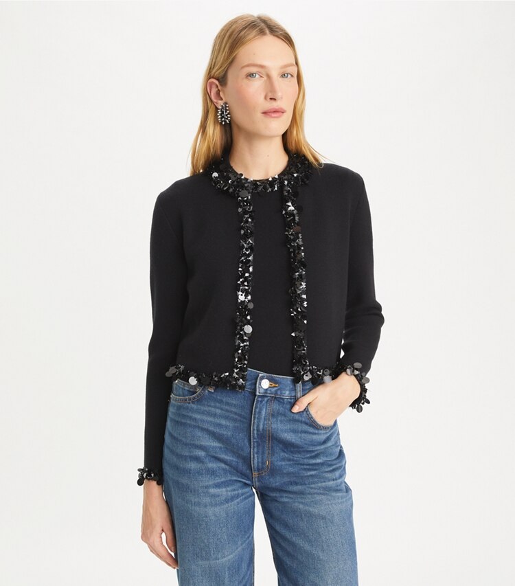 Tory Burch designer sweaters Embellished Cropped Cardigan in Black on model detail