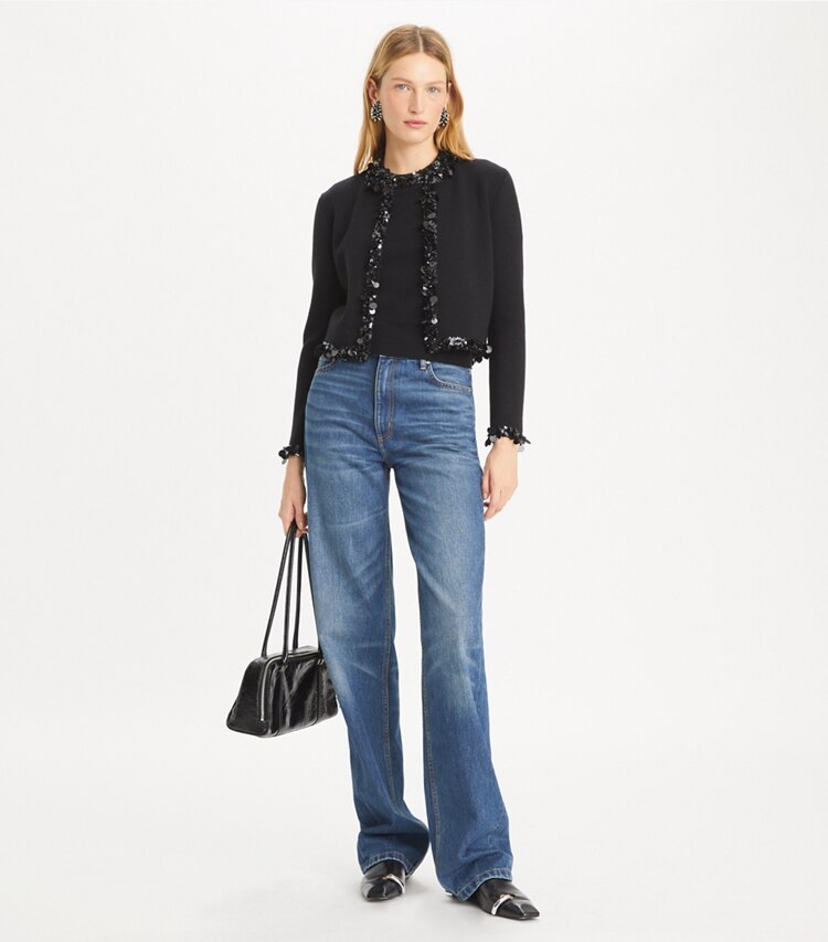Tory Burch designer sweaters Embellished Cropped Cardigan in Black on model front