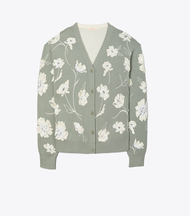 Tory Burch designer sweaters Embellished Double Faced Cardigan in Jade Stone front