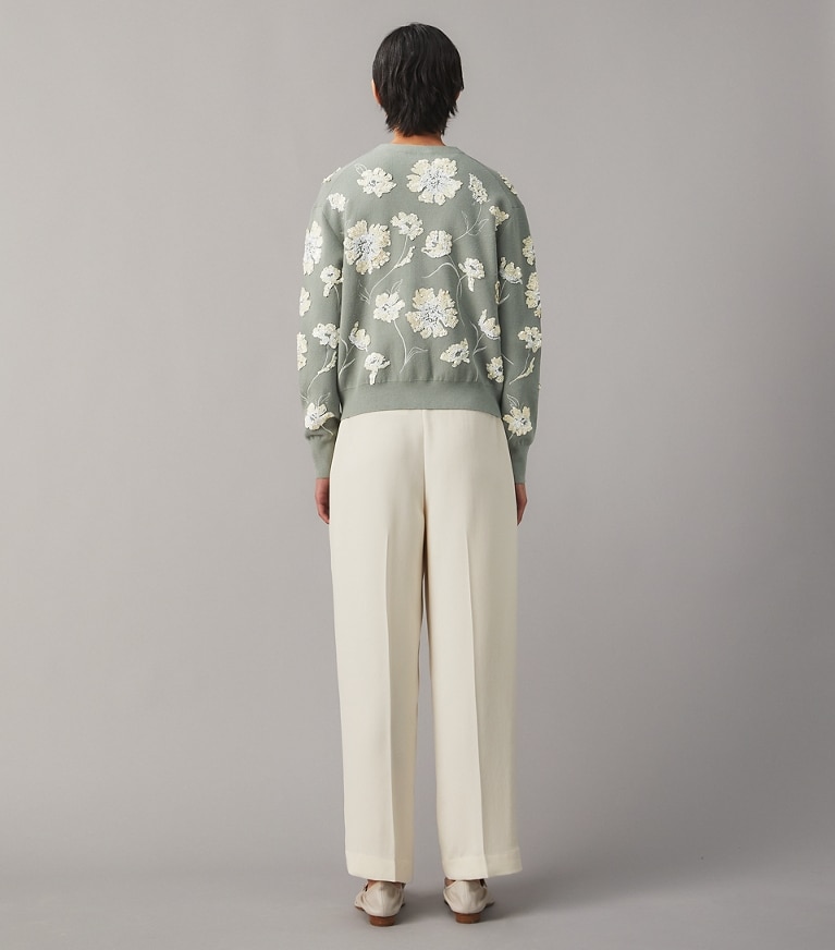 Tory Burch designer sweaters Embellished Double Faced Cardigan in Jade Stone front