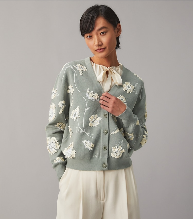 Tory Burch designer sweaters Embellished Double Faced Cardigan in Jade Stone on model detail
