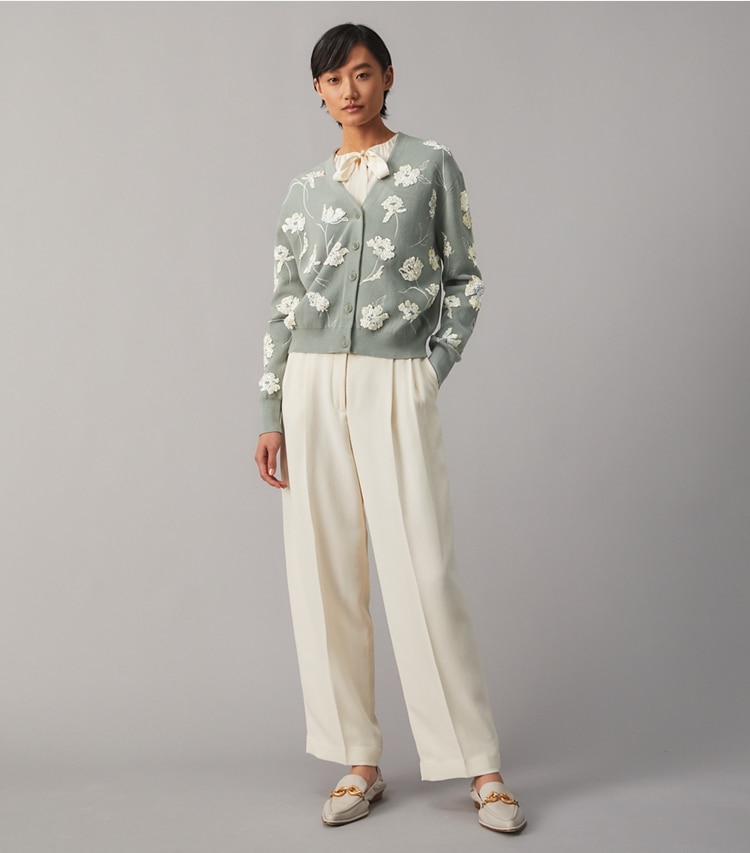 Tory Burch designer sweaters Embellished Double Faced Cardigan in Jade Stone on model front