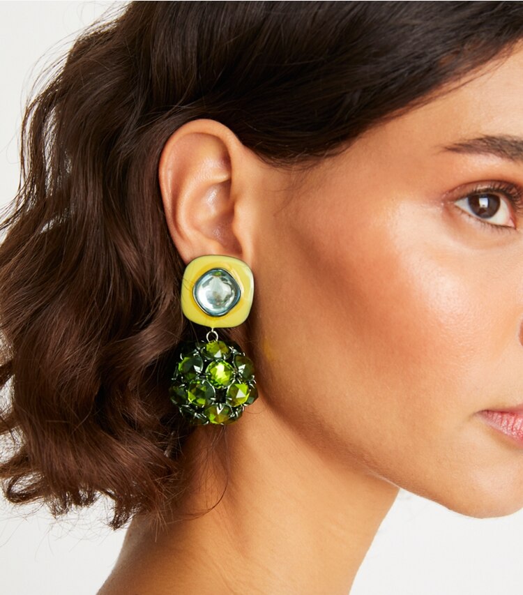 Tory Burch designer earrings Embellished Drop Earring in Tory Silver/Olivine accessory on model