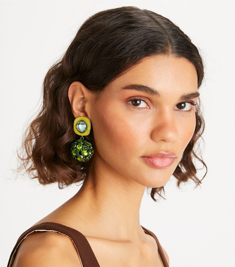 Tory Burch designer earrings Embellished Drop Earring in Tory Silver/Olivine additional on model