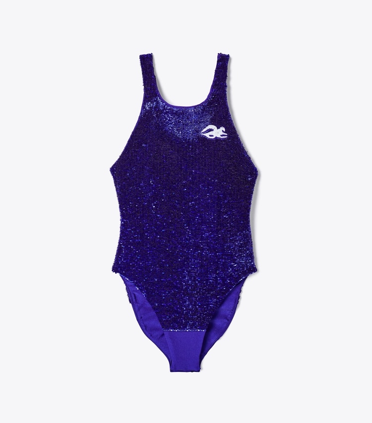 Tory Burch designer tops Embellished Jersey Bodysuit in Ballpoint Blue front