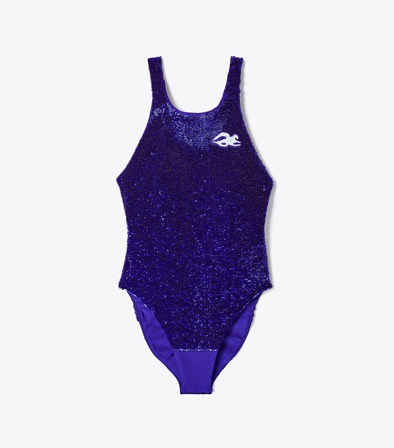 Tory Burch designer tops Embellished Jersey Bodysuit in Ballpoint Blue front