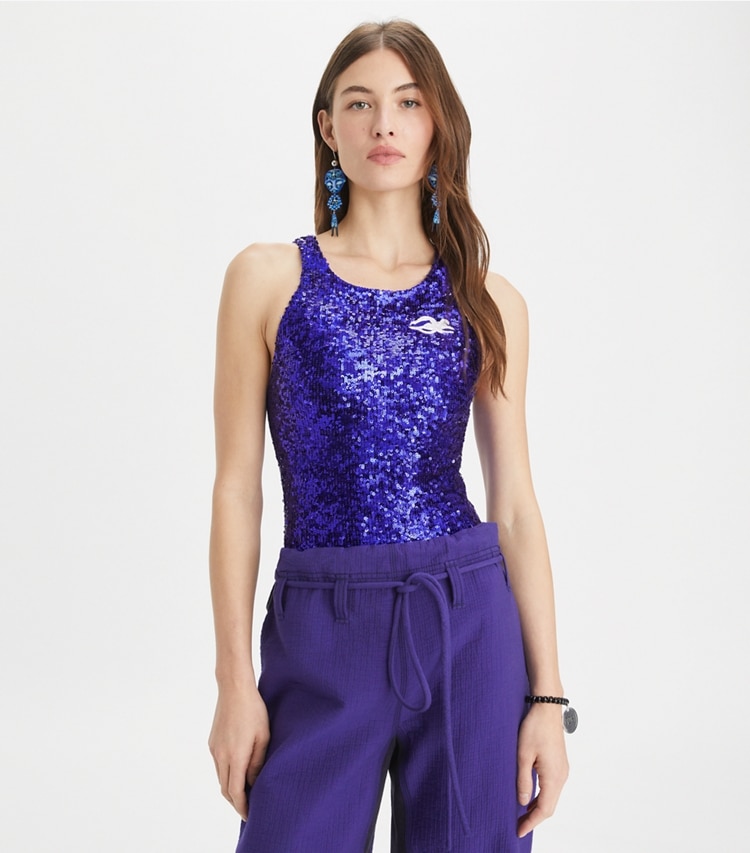 Tory Burch designer tops Embellished Jersey Bodysuit in Ballpoint Blue on model detail