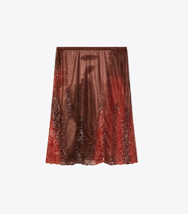 Tory Burch designer bottoms Embellished Jersey Mesh Skirt in Dried Cranberries/Sienna Red front