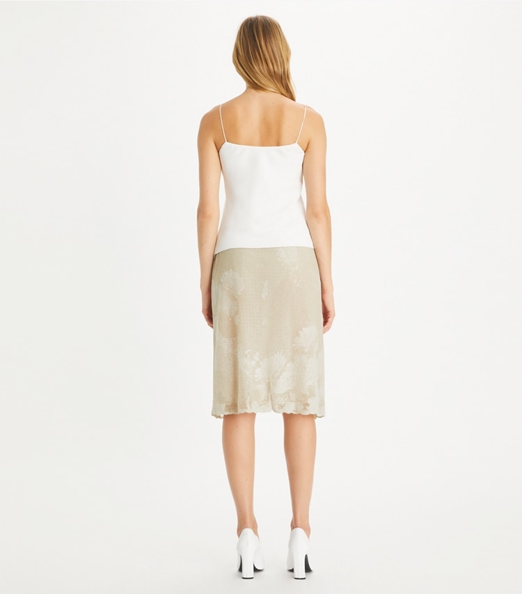 Tory Burch designer bottoms Embellished Jersey Mesh Skirt in Toasted Biscuit on model back