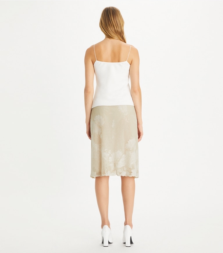 Tory Burch designer bottoms Embellished Jersey Mesh Skirt in Toasted Biscuit front