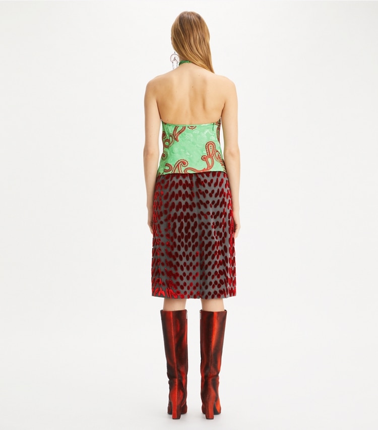 Tory Burch designer bottoms Embellished Jersey Skirt in Coal Gray on model back