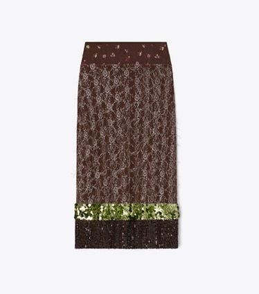 Tory Burch designer bottoms Embellished Lace Skirt in Coffee front