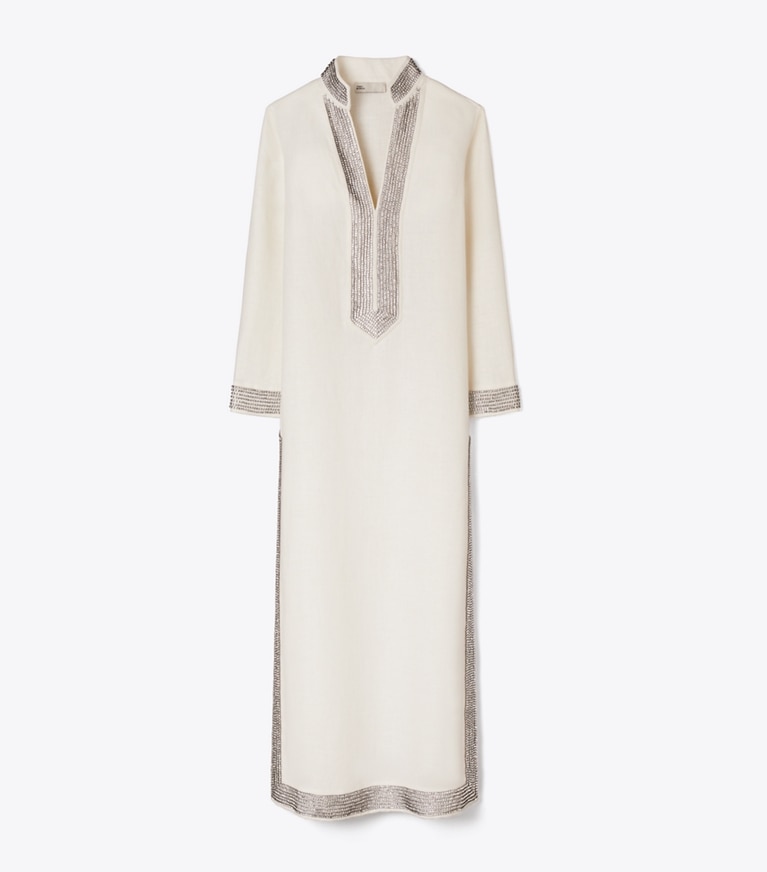 Tory Burch designer dresses Embellished Linen Caftan in New Ivory front