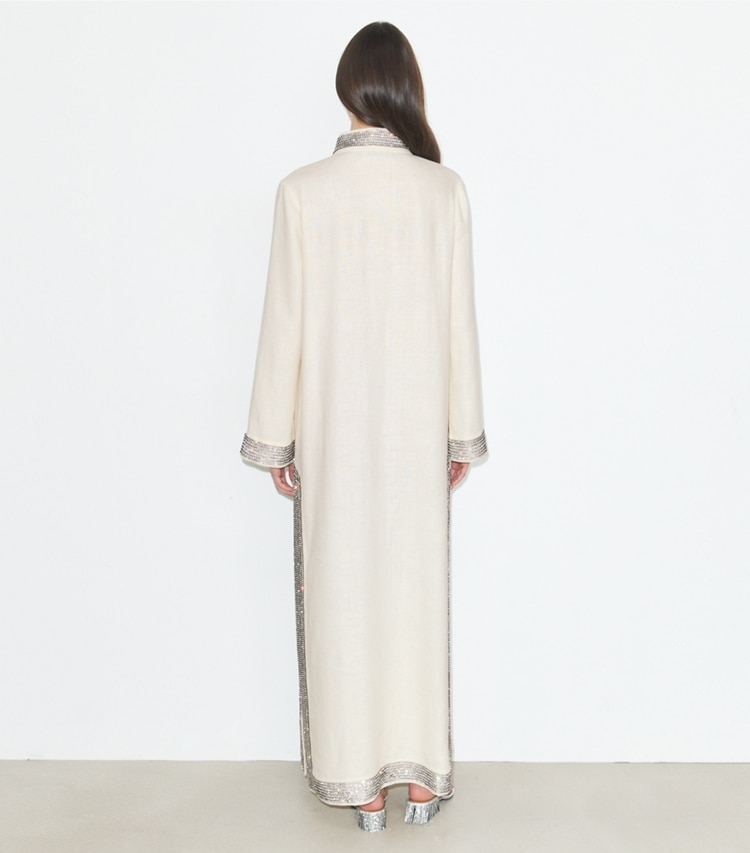 Tory Burch designer dresses Embellished Linen Caftan in New Ivory on model back