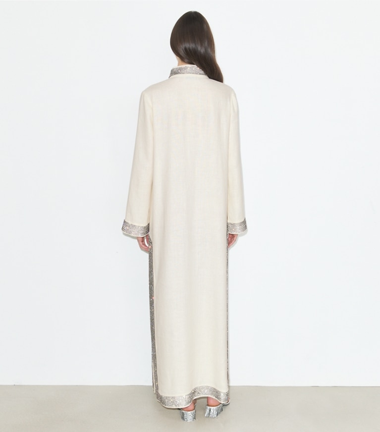 Tory Burch designer dresses Embellished Linen Caftan in New Ivory on model back