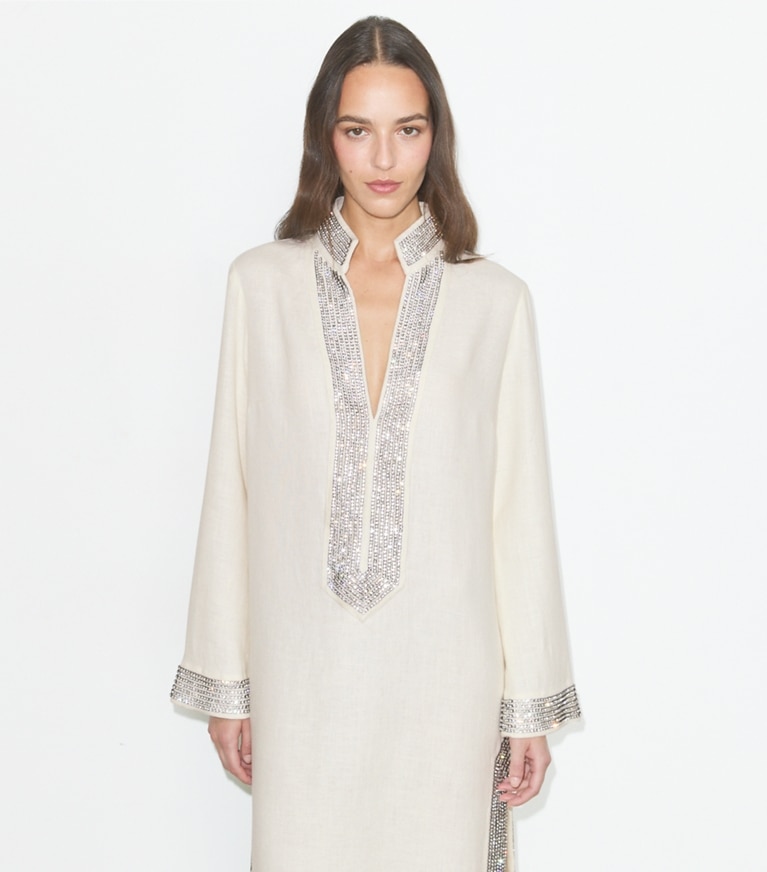 Tory Burch designer dresses Embellished Linen Caftan in New Ivory on model detail