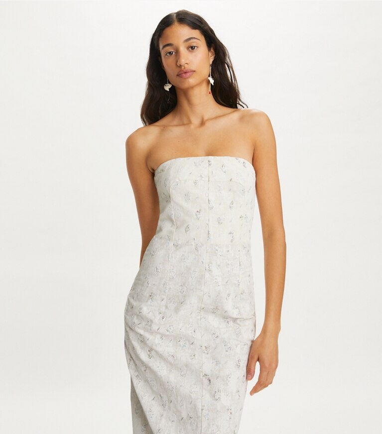 Tory Burch designer dresses Embellished Linen Dress in Biscuit front