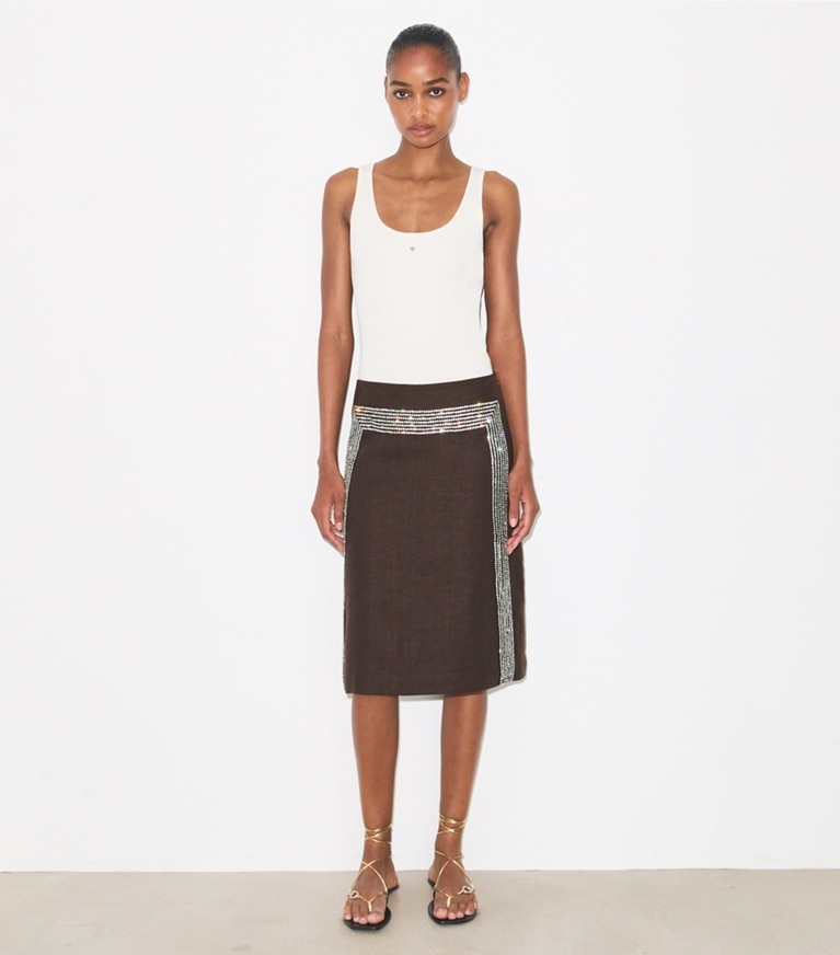 Tory Burch designer bottoms Embellished Linen Skirt in Light Chocolate additional on model