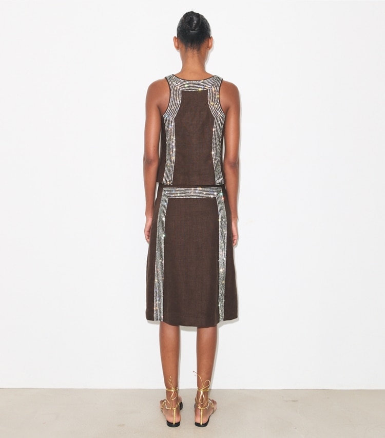 Tory Burch designer bottoms Embellished Linen Skirt in Light Chocolate on model back