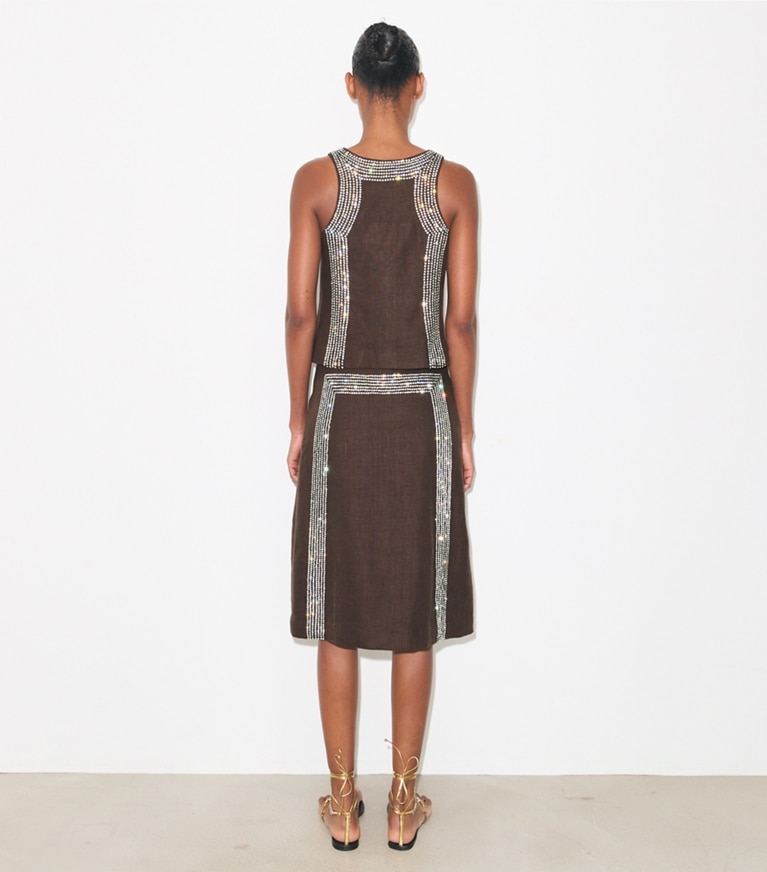 Tory Burch designer bottoms Embellished Linen Skirt in Light Chocolate on model back