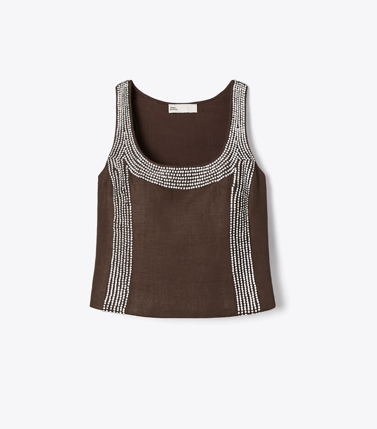 Tory Burch designer tops Embellished Linen Top in Light Chocolate front