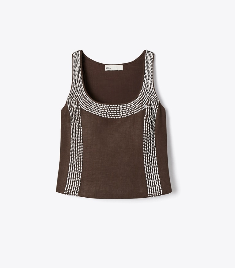 Tory Burch designer tops Embellished Linen Top in Light Chocolate front
