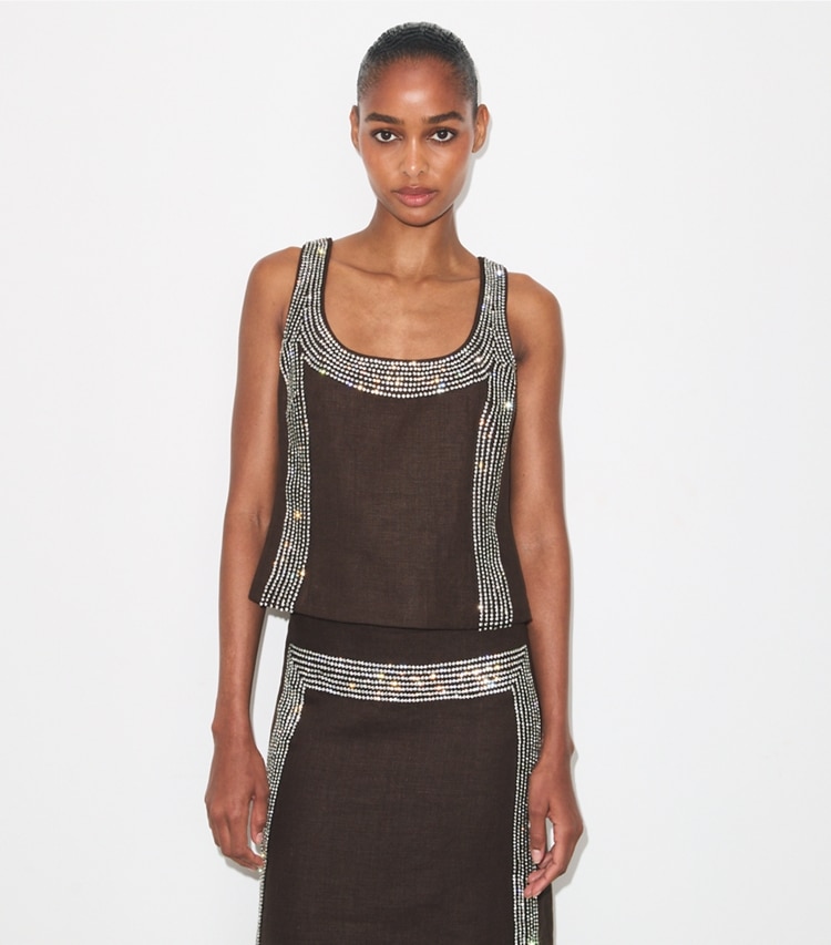 Tory Burch designer tops Embellished Linen Top in Light Chocolate on model detail