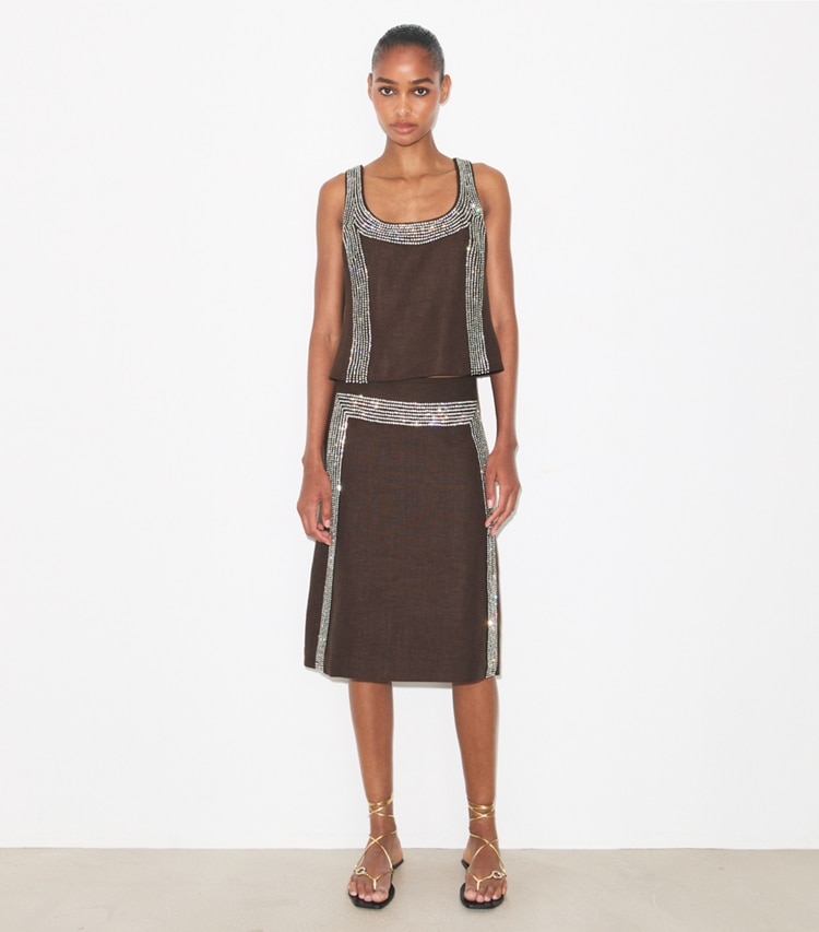 Tory Burch designer tops Embellished Linen Top in Light Chocolate on model front