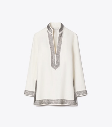 Tory Burch designer tops Embellished Linen Tunic in New Ivory front