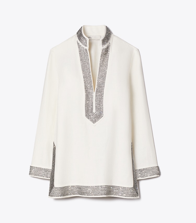 Tory Burch designer tops Embellished Linen Tunic in New Ivory front