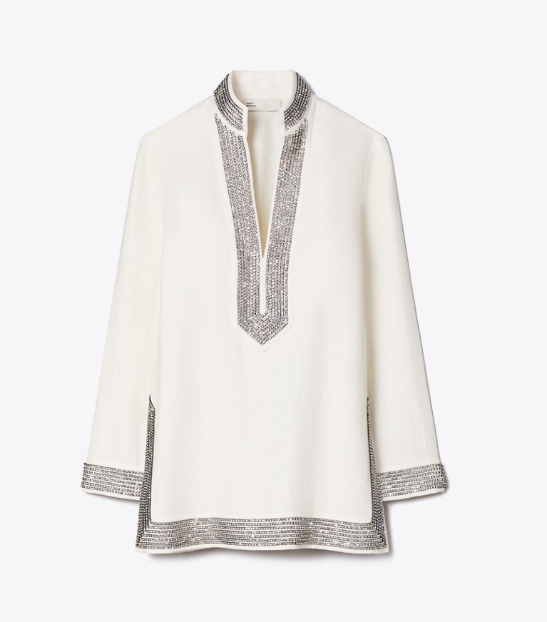 Tory Burch designer tops Embellished Linen Tunic in New Ivory front