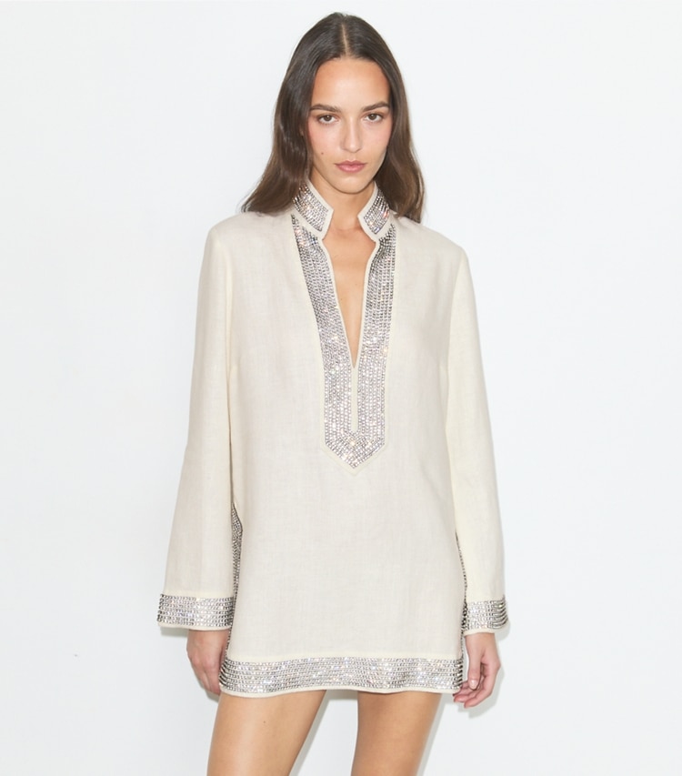 Tory Burch designer tops Embellished Linen Tunic in New Ivory on model detail