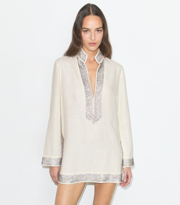 Tory Burch designer tops Embellished Linen Tunic in New Ivory on model detail